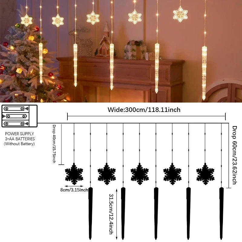Christmas LED Curtain Lights, Boasting Snowflake & Icicle Patterns, Battery - Driven Fairy String Lights Suited for Home Party