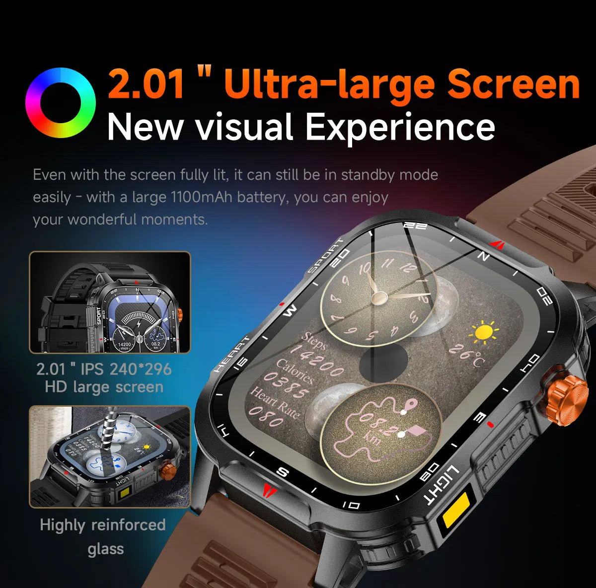 2025 New Smart Watch Voice Assistant 2.01"HD Screen Bluetooth Call Waterproof 1100mAh Big Battery Compass Outdoor Sport Watches