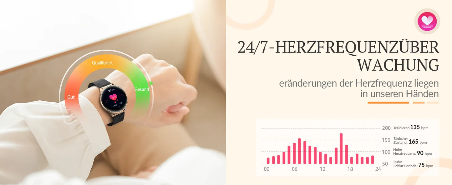 Smart watch for women, always-on display, IP67, fitness tracker with sleep monitoring/menstrual cycle, black gold