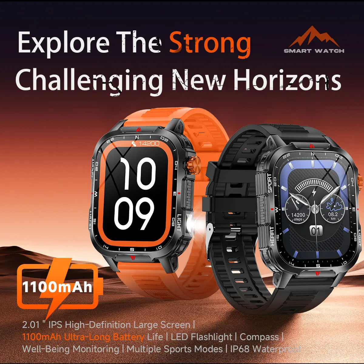 2025 New Smart Watch Voice Assistant 2.01"HD Screen Bluetooth Call Waterproof 1100mAh Big Battery Compass Outdoor Sport Watches