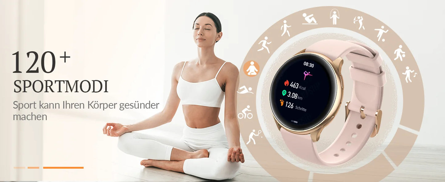 Smart watch for women, always-on display, IP67, fitness tracker with sleep monitoring/menstrual cycle, black gold